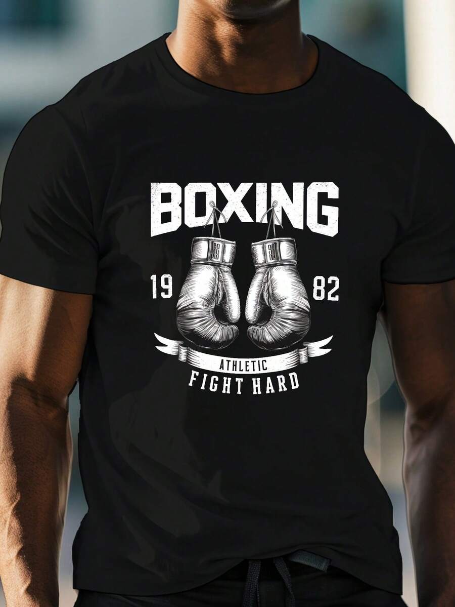 Camiseta de Verano para Hombres Altos y Grandes - Gráfico de Guantes de Boxeo, Camiseta Casual de Manga Corta, Poliéster Transpirable, Lavable a Máquina, TALLA EXTRA - Negro - Ver 1