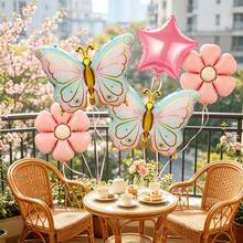 6pcs Pink Star Flower Butterfly Foil Balloons - Gradient Butterfly Design + Pentagram + Flower Balloons, Suitable For Birthday Party, Wedding, Engagement, Girl Theme Party Decoration - View 6