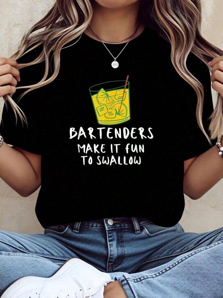 Camiseta de Algodón Estilo Vintage con Estampado de Eslóganes de Lisboa, Camiseta con Estampado Gráfico de Cocteles para Bares, Divertida para Tragarse, Manga Corta Casual para Mujer, Atuendo para Fiesta en el Bar, Regalo para Amantes de las Bebidas, 220g, para Uso Diario en Verano - Negro - Ver 1