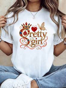 2026 Camiseta Holgada con Estampado de Mariposas y Corona de Piedras Preciosas "Pretty Girl", Estilo Exquisito, Dulce y Fresco, Adecuada para Fiestas, Citas, Celebraciones Navideñas y Sesiones de Fotos con Amigas, Camiseta de Manga Corta. - Blanco - Ver 1