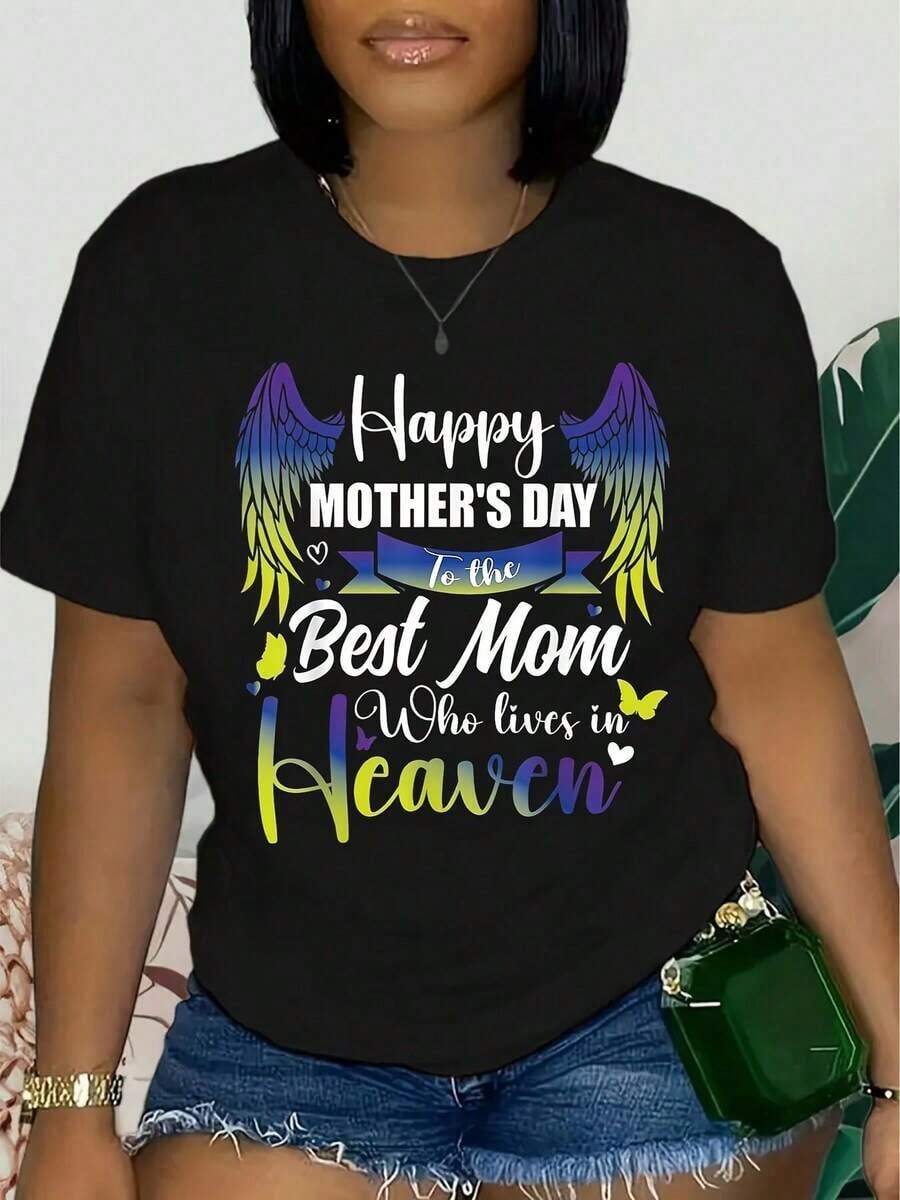 Camiseta de Mujer Talla Grande Trendy1 Pack - Diseño Conmemorativo "Feliz Día de la Madre para la Mejor Mamá", Tejido Casual, Manga Corta, Cuello Redondo, Decoración de Corazón, El - Negro - Ver 1