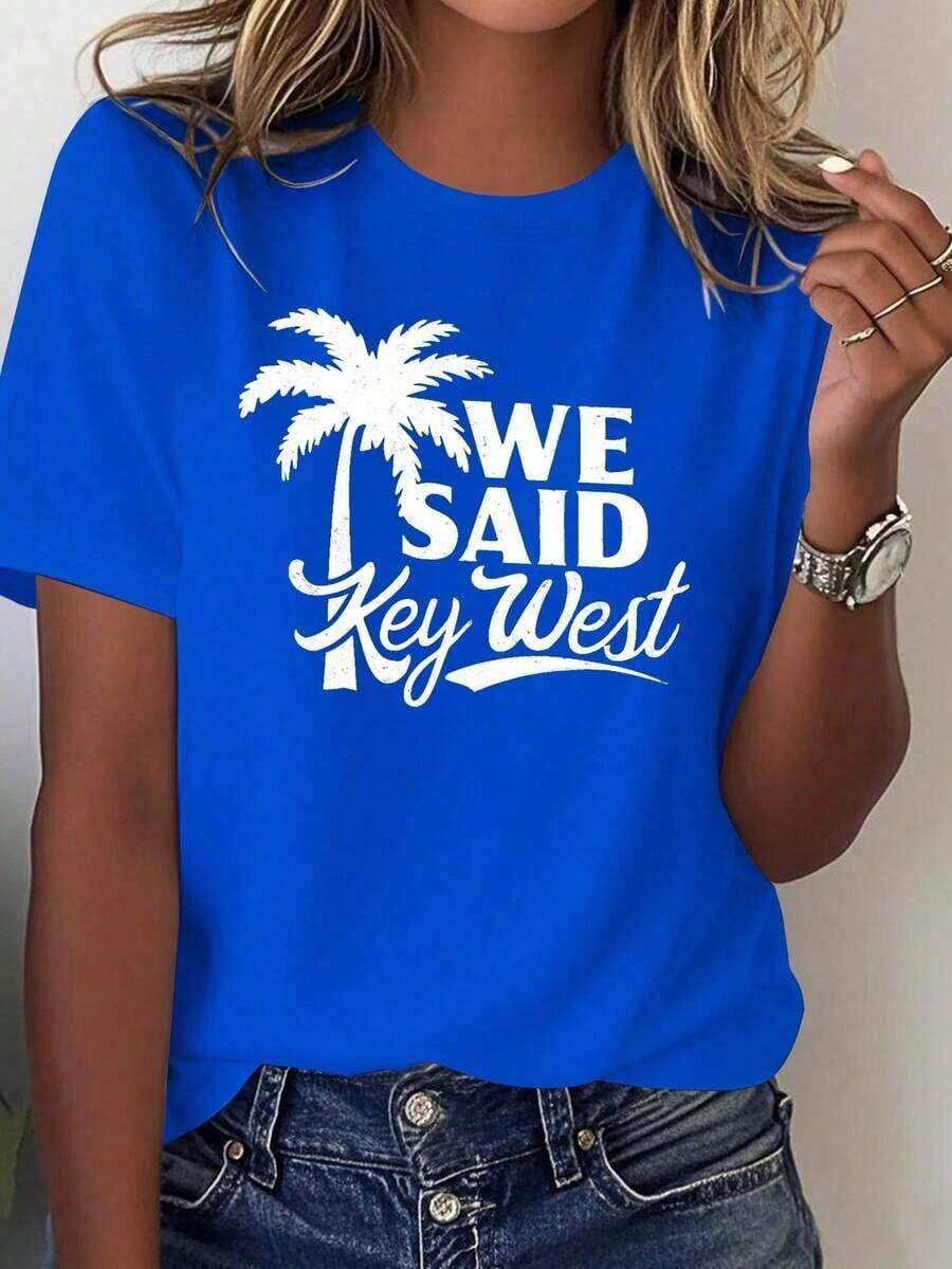 ComfortableGraphic TeesCamiseta de Mujer 100% Tropical con Diseño Gráfico Palmera y Key West Florida - Suave, Transpirable, Ajuste Relajado Casual en Negra con Letras Blancas e Ilustración d - Azul - Ver 1