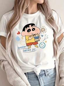Camiseta de manga corta para mujer con un popular estampado de , perfecta para uso casual. |   Diseño exquisito |   Suelto y cómodo |   Fácil de combinar | - Blanco - Ver 8