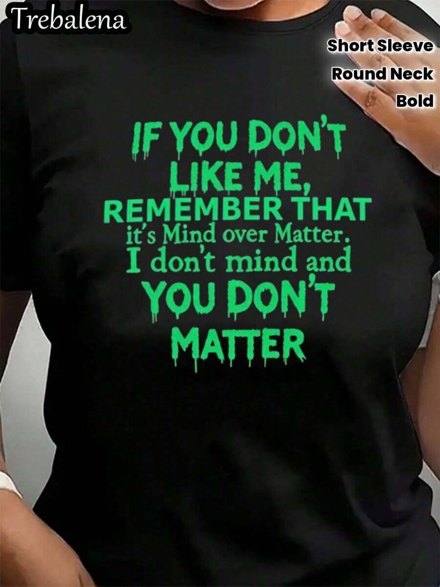 Camiseta Gráfica para Mujer "Mind Over Matter"| Texto verde, negro, manga corta, cuello redondo, estilo casual, ideal para verano y primavera, perfecto para el Día de la Madre, aniversario, 10 de junio. - Negro - Ver 1