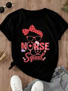 Camiseta de Mujer Nurse Squad con Diseño de Lazo de Leopardo, Gafas y Estetoscopio para Uso Casual en Primavera y Verano - Negro - Ver 2