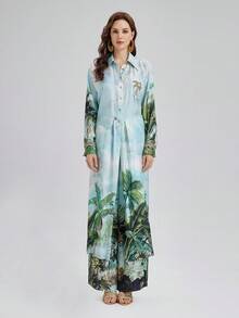Rich Radi Q's Celana Panjang Wanita Gaya Bohemian dengan Motif Tropis yang Longgar dan Potongan Lebar, Pinggang Elastis, Pakaian Musim Panas yang Wajib Dicoba - Hijau - View 14