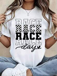 Playeras de mujer con estampado gráfico moderno, manga corta, estilo casual y holgado. Camiseta para el Día de la Carrera, camiseta gráfica blanca casual para mujer, regalo para fanáticos de las carreras de autos, top de moda, conjuntos para festivales para mujer, ropa boho 2026, blusas casuales para dama. - Blanco - Ver 6