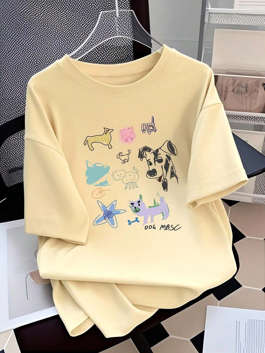 Camiseta de manga corta de algodón puro para mujer, de corte holgado, con estampado de dibujos animados, la más vendida y de primera calidad, camiseta básica 3333 Ecológica. - Albaricoque - Ver 1