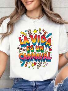 Women's Carnival Fiesta Taco Sunshine And Smile T-Shirt, 100% Cotton [Egg Tart Exclusive] Limited Edition Carnival | Colorful Carnival Letter Print T-Shirt - Spring/Summer, Soft And Breathable, Short Sleeve, Crew Neck, Casual Style, Machine Washable, Regular Fit | Machine Washable, Ideal For Gifting To Friends. | Festive Outfits | Essential Carnival Set: Breathable Cotton T-Shirt, Goes With Everything, Cool Summer Clothes For Women With A Positive Attitude - 白色 - 查看 1