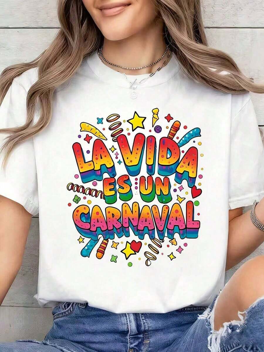 Women's Carnival Fiesta Taco Sunshine And Smile T-Shirt, 100% Cotton [Egg Tart Exclusive] Limited Edition Carnival | Colorful Carnival Letter Print T-Shirt - Spring/Summer, Soft And Breathable, Short Sleeve, Crew Neck, Casual Style, Machine Washable, Regular Fit | Machine Washable, Ideal For Gifting To Friends. | Festive Outfits | Essential Carnival Set: Breathable Cotton T-Shirt, Goes With Everything, Cool Summer Clothes For Women With A Positive Attitude - 白色 - 查看 1