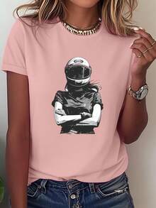 Camiseta Mujer Manga Corta Estampado Chicas Motociclistas Ropa Casual - Negro - Ver 11
