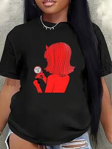 Camiseta de manga corta de poliéster, decorada con un patrón de espejo rojo, ligera y duradera, adecuada para uso casual en casa o en una cafetería, cómoda y ajustada para el uso diario. - Negro - Ver 7