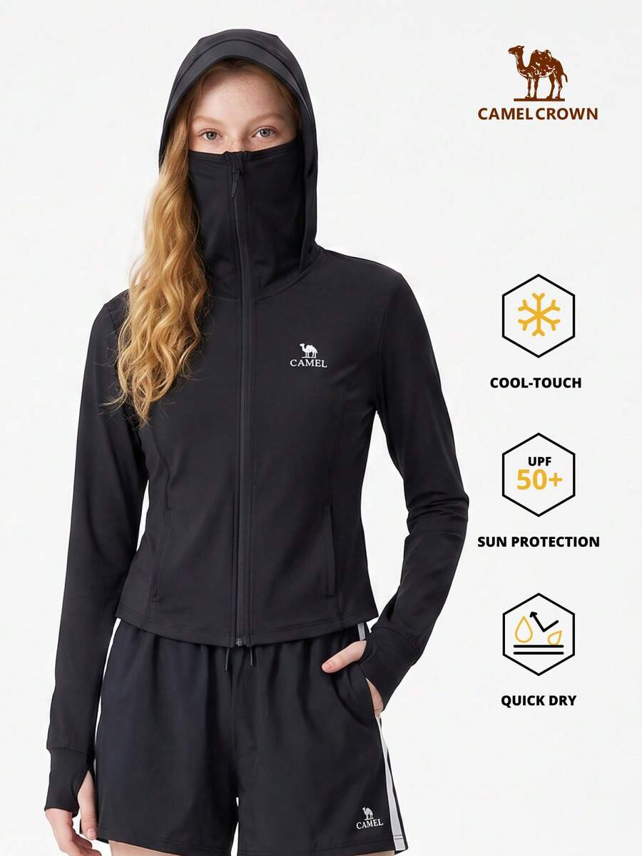CAMEL CROWN 女款針織防曬外套,春夏冷白色調,戶外原紗收腰修身濕態騎行運動夾克 - 幻影黑 - 查看 1