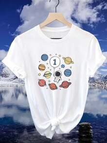 ¡Oferta por tiempo limitado, unidades limitadas,  relámpago! Camisas casuales para mujer, camisetas de poliéster para mujer, camisas elegantes. Camiseta retro para mujer con temática espacial y estampado de astronauta y planetas - Top casual de manga corta y cuello redondo, estilo urbano americano, adecuada para uso, regalo para mamás, blusa con gráfico espacial lavable a máquina, moda para mujer - Blanco - Ver 1