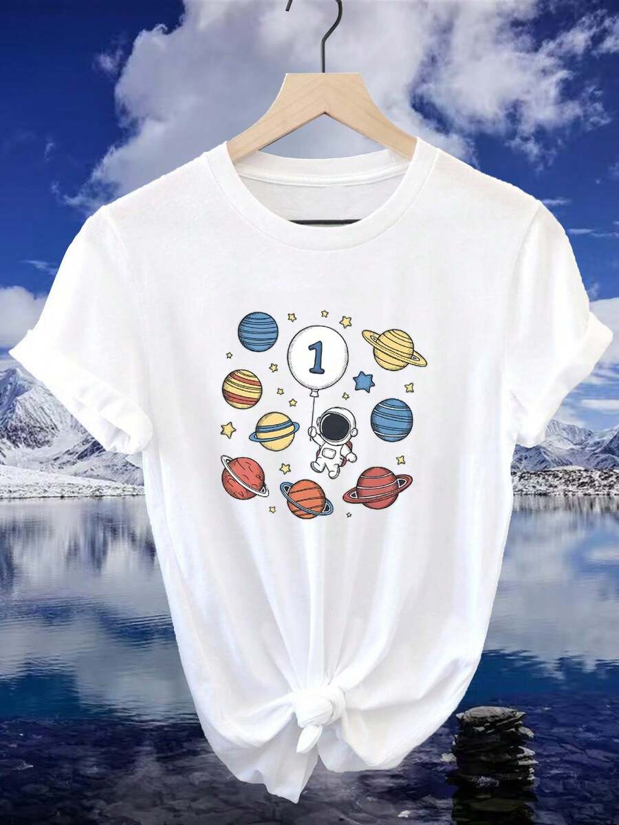 ¡Oferta por tiempo limitado, unidades limitadas, relámpago! Camisas casuales para mujer, camisetas de poliéster para mujer, camisas elegantes. Camiseta retro para mujer con temática espacial y estampado de astronauta y planetas - Top casual de manga corta y cuello redondo, estilo urbano americano, adecuada para uso, regalo para mamás, blusa con gráfico espacial lavable a máquina, moda para mujer - Blanco - Ver 1