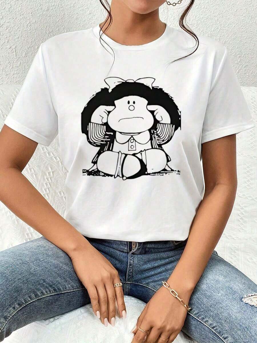 The Print Shows A Cat With Headphones Enjoying Music, Symbolizing A Relaxed Attitude And Love For Modern Rhythms. Comfortable, Casual, Short-Sleeved Women's T-Shirt, 100% Soft Cotton, Ideal For Everyday Wear | Exquisite Design | Loose And Comfortable | Easy To Match | - 白色的 - 查看 1