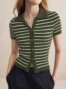 Suéter de punto con cuello vuelto, botones y rayas para mujer, prenda de punto superior para uso urbano, atuendo casual de negocios, ropa elegante para mujer - Verde militar - Ver 1