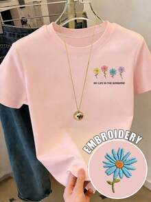 Camiseta de manga corta con bordado floral, camiseta de verano, blusa fresca para damas, camiseta estética, regalo para aficionados al bordado - Rosa - Ver 6