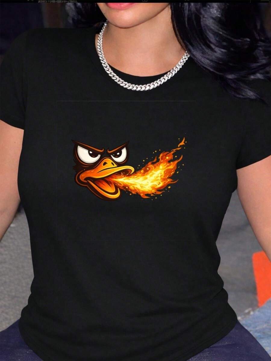 1 pieza de Playera corta 100% algodón, cuello redondo casual con estampado, dise?o de patrón de patos saliendo al fuego, manga corta transpirable para uso diario - Negro - Ver 1