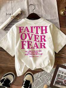 Camiseta "Fe por Encima del Miedo" para Mujer, Talla Grande, con Estampado de Letras "Fe por Encima del Miedo"|   Cuello Redondo, Manga Corta, Camiseta Casual Para Todas Las Temporadas - Camiseta Gráfica Unisex de Manga Corta con Cuello Redondo de Corte Regular - Albaricoque - Ver 3