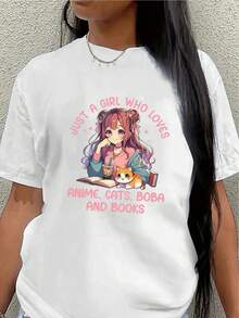 Camiseta de manga corta ligera y resistente, con un personaje de anime rodeado de gatos, té con leche y libros, perfecta para relajarse en casa o pasar el rato en una cafetería. - Blanco - Ver 7