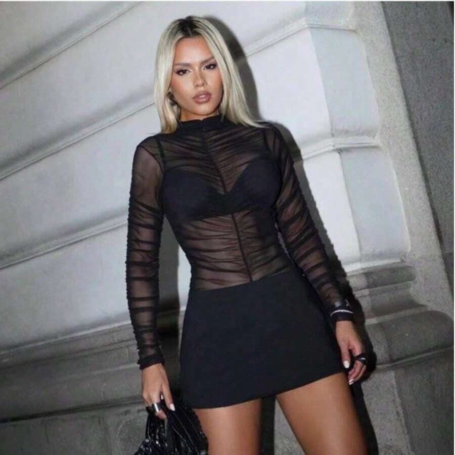 Women's Draped Tulle Bodysuit With Long Sleeves And Collar - Winter Fashion In Brazil - 黑色 - 查看 1