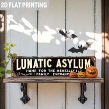 2D Flat, 1pc Vintage Asylum Iron Sign - Whistle Mental Hospital Entrance Decor With Gothic Font - Indoor/Outdoor Halloween Decoration Suitable For Haunted House, Asylum Or Horror Party - Pre-Drilled Design - No Electricity Required - Gothic Horror Decor, Gothic Style Decor, Indoor/Outdoor Decor, Rustic Wall Art, Pre-Drilled Holes As Shown In Dimension Diagram - Multicolor - View 5