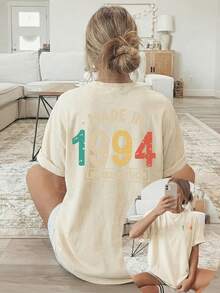 [Impresión a doble cara] Camiseta casual de verano para mujer, MADE IN 1994 LIMITED, adecuada para un uso cómodo en todas las estaciones, edición limitada MADE IN 1994 con estampado digital colorido, ropa versátil, material cómodo, camiseta de manga corta, 100% algodón para entusiastas de la moda. - Albaricoque - Ver 1