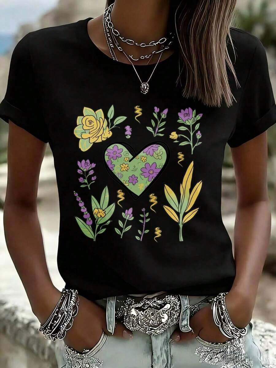 Women's White T-Shirt With Floral Heart Design, Boho Style, Graphic Print, Casual Summer Top, Cotton T-Shirt For Matching Family Outfits - 黑色 - 查看 1