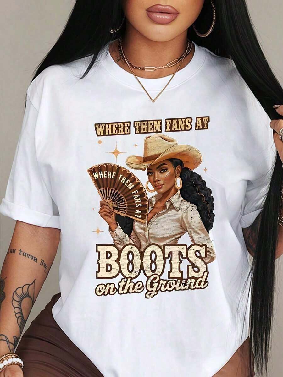 100% algodón puro, Camiseta de mujer, Camiseta gráfica de mujer - Arte de fan de estilo western con botas de vaquera, Camiseta casual de cuello redondo, Ideal para fiestas y regalos, adecuada para todas las estaciones, tops de mujer. - Blanco - Ver 1