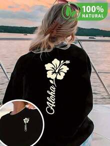 Camiseta Negra Estilo Playa de México con Estampado de Hibisco y Texto Aloha para Mujer - Ideal para Verano y Vacaciones - Diseño Único y Moderno - Perfecta para Atardeceres y Escapadas - Ropa Casual y Confortable para Cada Día - Negro - Ver 12