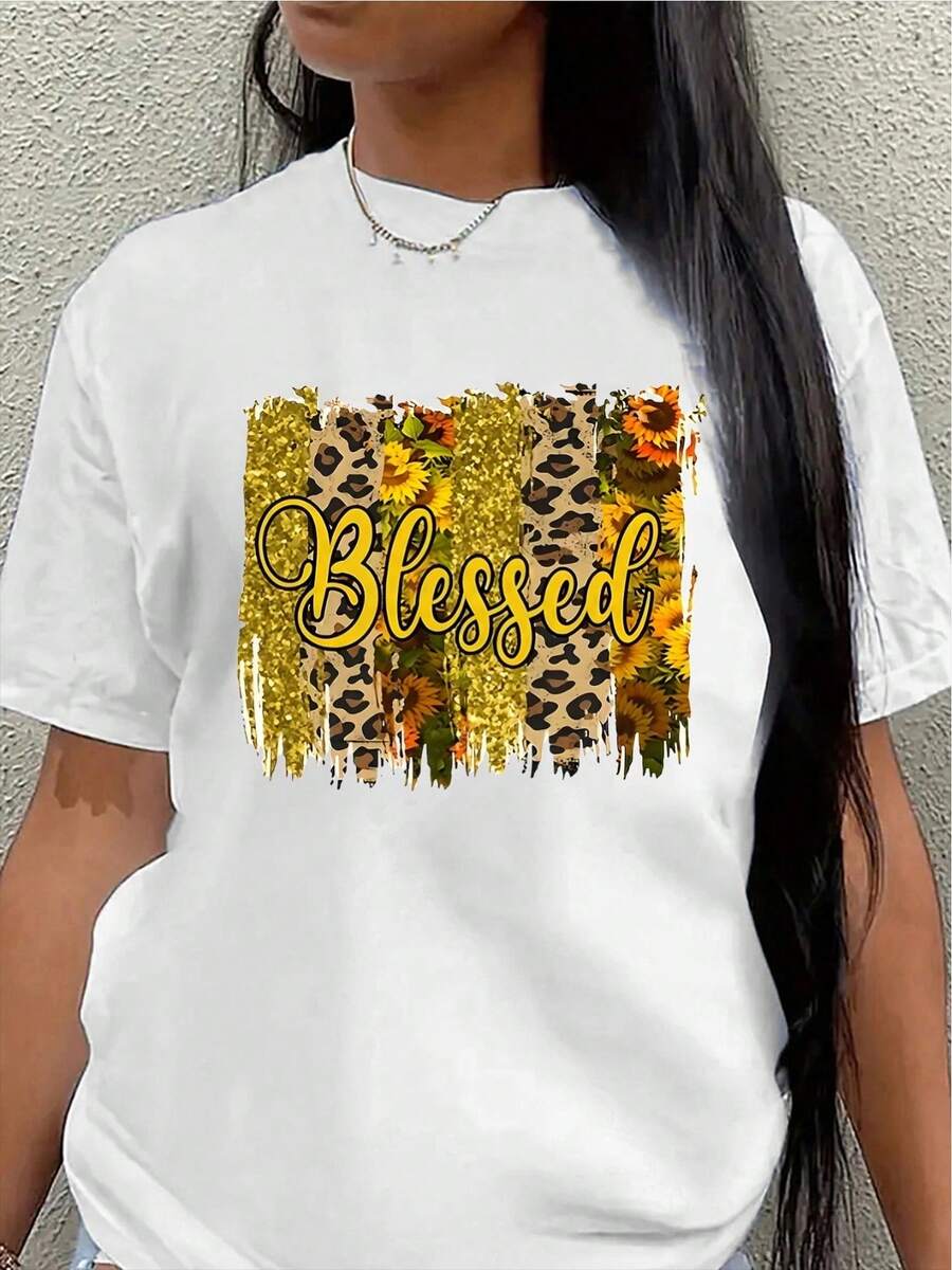 Camiseta de manga corta, adornada con estampados florales y de leopardo auspiciosos, ligera y duradera, adecuada para el hogar, cafeterías o uso casual al aire libre.blusa casual mujer - Blanco - Ver 1