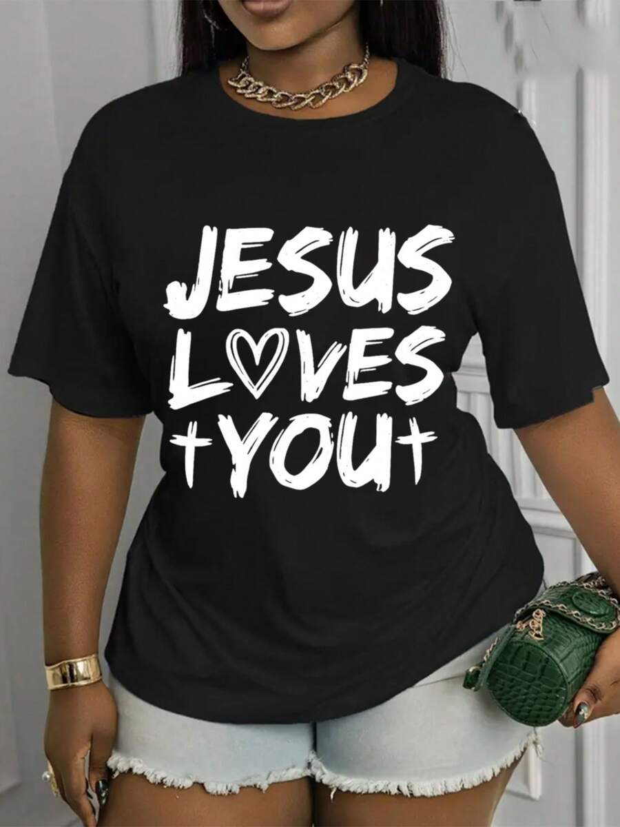 Soft, Breathable, And Lightweight For All-Day Comfort. Women's Casual T-Shirt With A "Jesus Loves Me" Print, Short Sleeves, Crew Neck, Regular Fit, Suitable For Spring, Summer, And Fall. Machine Washable, A Great Gift For Her, A Fashionable Spring Top With A Bold Font, Comfortable Clothing. Classic Crew Neck With A Relaxed Fit Flatters All Body Shapes And Is Easy To Pair With Jeans, Shorts, And Leggings. - 黑色 - 查看 1