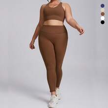 Set deportivo para mujer de talla grande, conjunto ajustado de 2 piezas con bolsillo, tela elástica efecto segunda piel para yoga y entrenamiento - Pantalones color moca - Ver 3