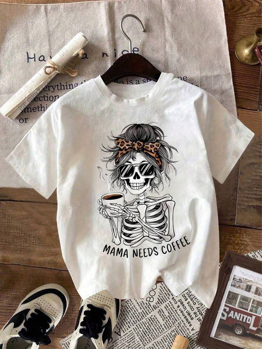 Camiseta Casual de Mujer Primavera/Verano 2026, Estampado de Leopardo y Calavera, Fuente de Arte, Blanca para Fiestas - Blanco - Ver 1
