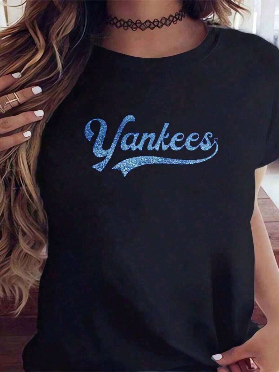 Camiseta estampada para mujer, casual, de manga corta, a la moda, de algodón, para uso diario, camiseta gráfica, tops gráficos para mujer, camiseta de verano, camiseta casual, atuendos de vacaciones para mujer, diseño juvenil y a la moda - Estilo callejero vintage, unisex, de algodón, de manga corta, cuello redondo, 100% algodón. - Negro - Ver 1