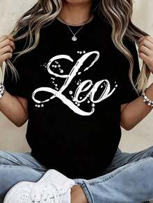 Round Neck T-Shirt With Leo Zodiac Sign Print, Casual Women's Clothing, Comfortable Loose Fit Top, Perfect For Daily Outings And Light Activities - Urban Vintage Style, Unisex 100% Cotton T-Shirt With Round Neck And Short Sleeve. - 黑色 - 查看 1
