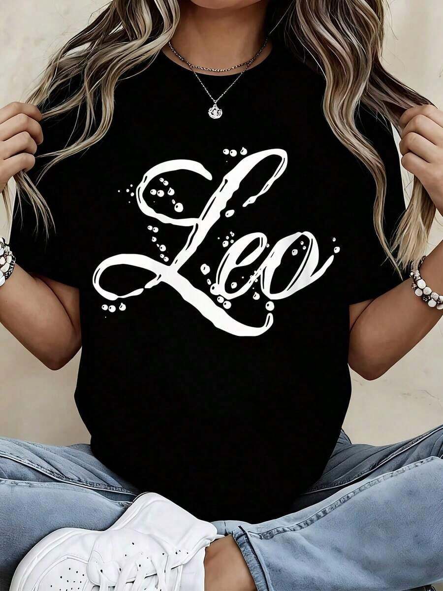 Round Neck T-Shirt With Leo Zodiac Sign Print, Casual Women's Clothing, Comfortable Loose Fit Top, Perfect For Daily Outings And Light Activities - Urban Vintage Style, Unisex 100% Cotton T-Shirt With Round Neck And Short Sleeve. - 黑色 - 查看 1
