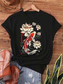 Cómodo Camiseta Yyamodoulian con Estampado Artístico Vintage de Peces Koi Japoneses, Estilo Japonés con Peces Koi y Patrón de Loto, Manga Corta, Cuello Redondo, Ropa Casual para Mujer de Primavera y Verano, playeras de mujer algodon, blusa casual mujer,  mujer - Negro - Ver 1
