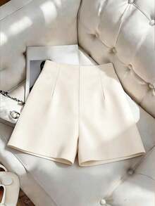 Falda-pantalón asimétrica, pantalones cortos con botón metálico decorativo para mujer, conjunto de falda-pantalón sin cintura, atuendo casual para ir al trabajo - Negro - Ver 2