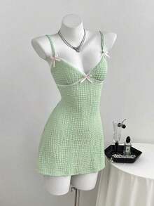 Vestido de tirantes con textura y encaje de contraste con decoración de lazo para mujer, ideal para el verano - Negro - Ver 6