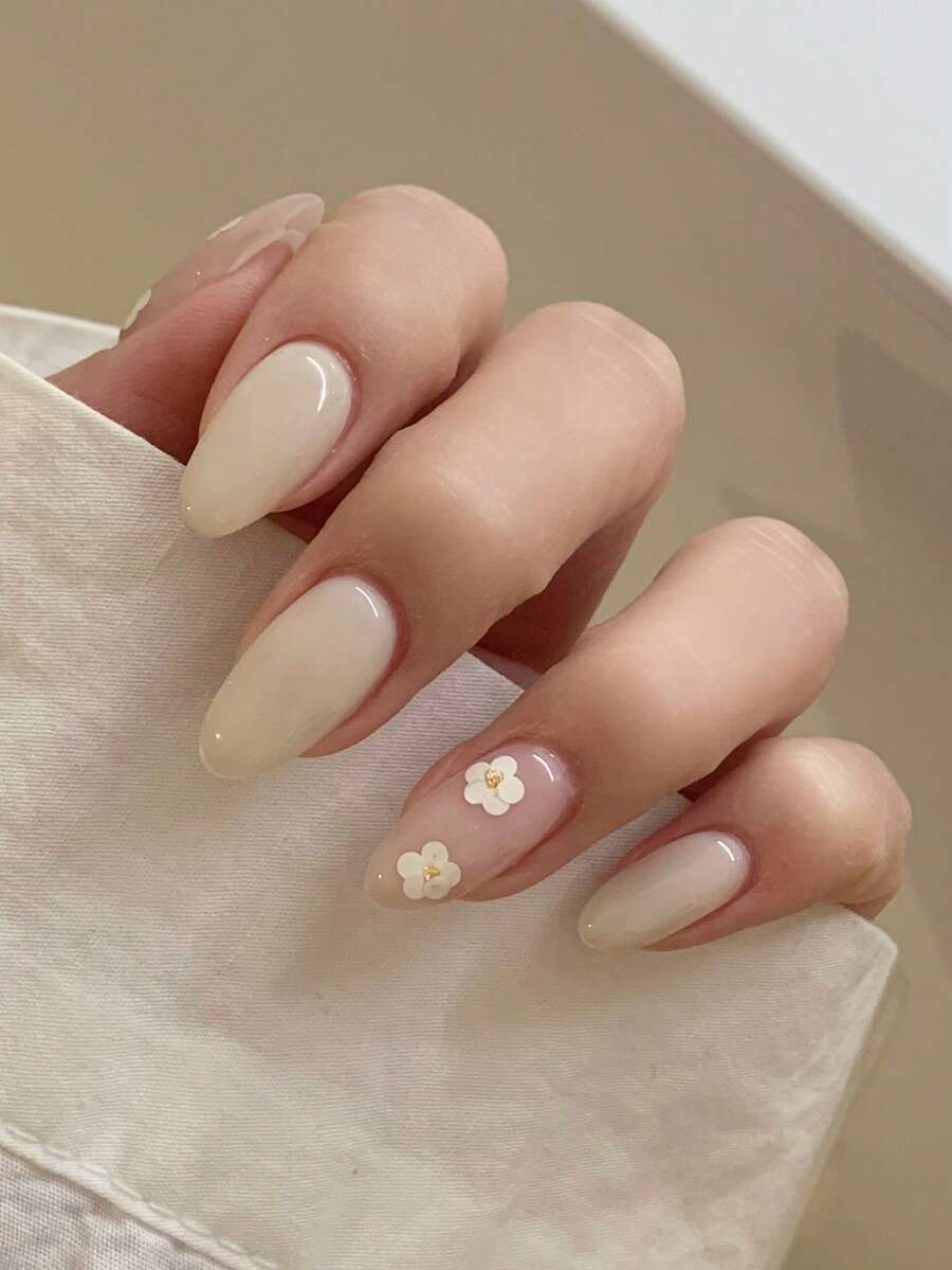 24片米色杏色渐变中杏仁形美甲贴片,白色闪粉小碎花图案,浅绿色亮面假指甲,清新可爱美甲,日常夏季佩戴 - 杏色 - 查看 1