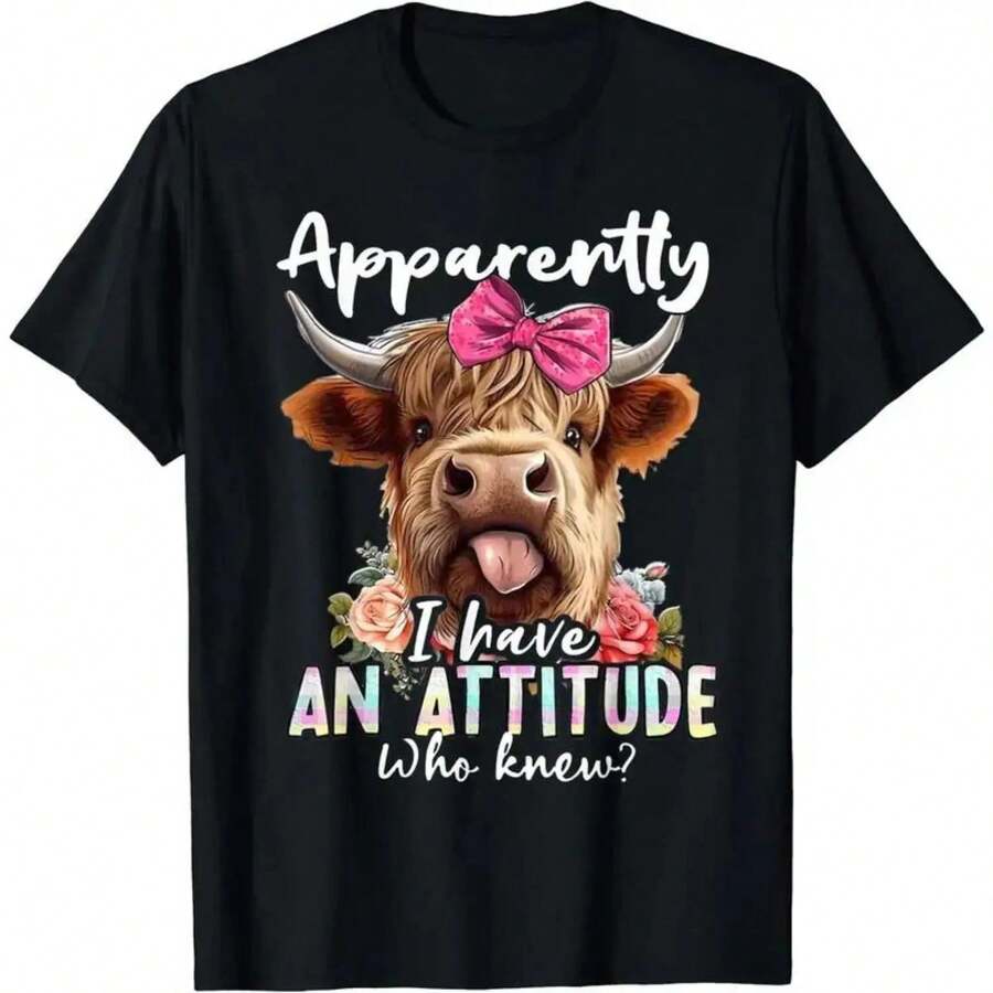 Descubre Tu Actitud Con La Camiseta "Sarcasm Highland Cow" - Camiseta Versátil De Algodón Holgada - Negro - Ver 1