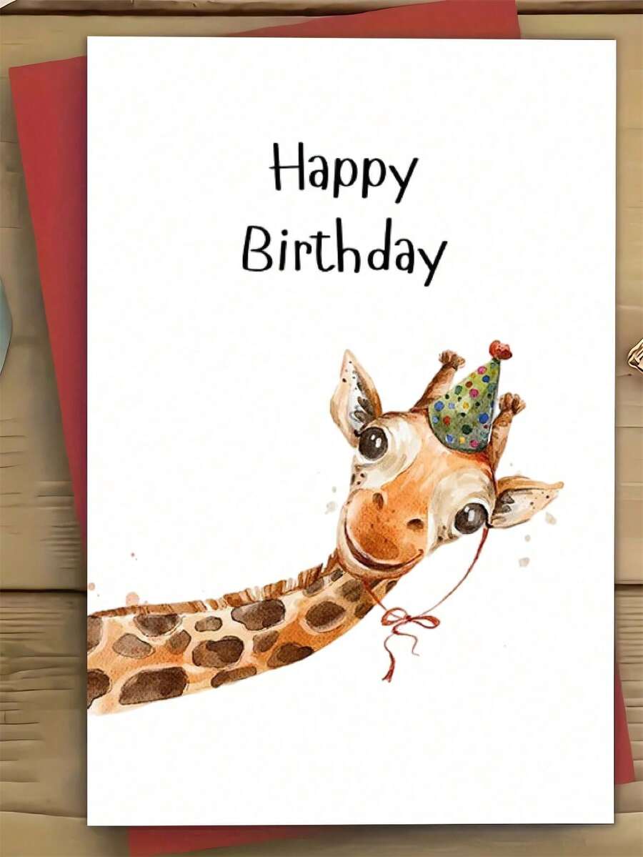1pc Giraffe Birthday Greeting Card With Envelope - Joyful Cartoon Design, High-Quality Paper, Suitable For Gifting To Family, Young People, Teenagers And Loved Ones On All Occasions - A - View 1