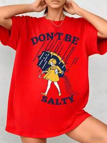 SimpieAndVersatileDesignNi?a con vestido amarillo sosteniendo paraguas azul caminando bajo lluvia mientras derrama sal evocando mensaje motivacional camiseta de mujerCottonT-Shirt - Rojo - Ver 7