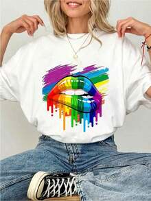 Women's Oversized Cotton T-Shirt With Rainbow Lips Print - Y2K Pride Inspired Streetwear Style, Dripping Paint Print, Casual Short Sleeve, Drop Shoulder, Ideal Birthday Or Holiday Gift For Her. - 白色 - 查看 6