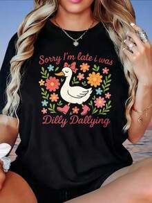 Playeras de mujer de algodón, camiseta gráfica con estampado de flor de pato "Lo siento, llego tarde, me estaba demorando", camiseta casual holgada de verano para mujer, divertida y linda, camiseta estampada para mujer, >ropa - Negro - Ver 4