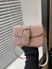 Bolso de mano pequeño con solapa para mujer, bolso cuadrado con decoración de hebilla de metal de moda, bolso de hombro y bandolera - Rosa Pálido - Ver 12
