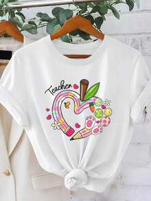 Women's Short-Sleeved T-Shirt With A Teacher's Heart And Pencil Design, For Easter, Festive Streetwear For Teachers, New Spring/Summer 2026 Fashion, Round Neck T-Shirt, Vintage Casual Style, Loose Fit. - 白色的 - 查看 8