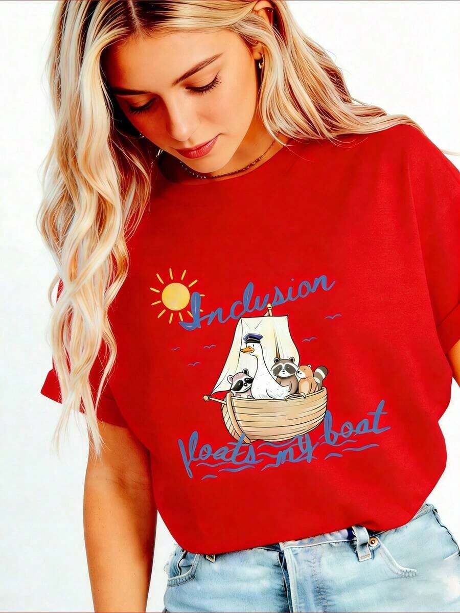 Camiseta Silly Goose  Inclusion, Camiseta Náutica para Neurodivergentes, Camiseta Divertida de Terapia Ocupacional, Camiseta BCBA, Maestro de Educación Especial ABA, Logopeda, Camiseta de Algodón 100% de Corte Holgado, Manga Corta, Clásica, de Algodón Grueso, con Estampado Gráfico, Top Casual de Manga Corta para Mujer, Manga Corta Deportiva, 100% Algodón Puro - Rojo - Ver 1